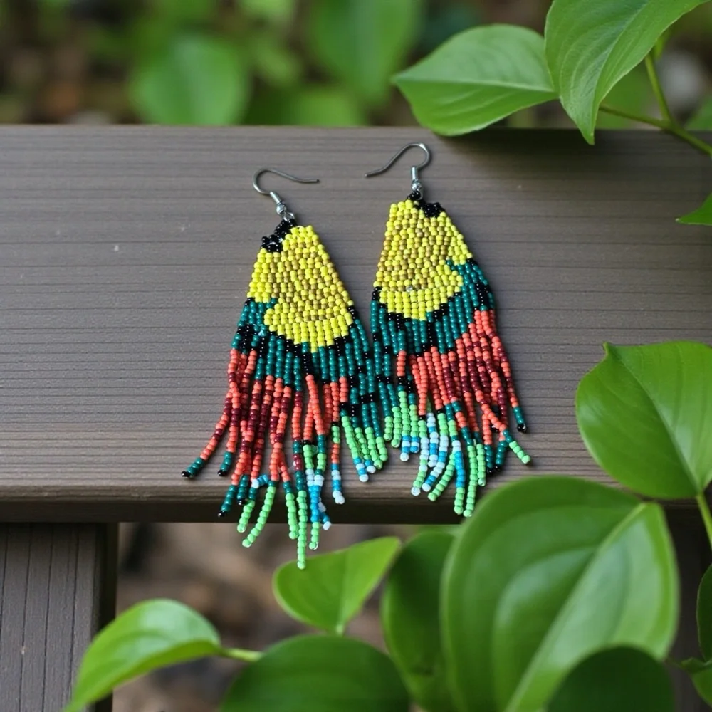Colorful Floral Yellow and Red Roses Beaded Earrings